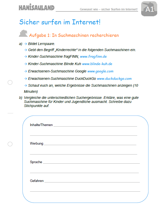 Arbeitsblätter Sicher Surfen im Internet Politik für Kinder einfach